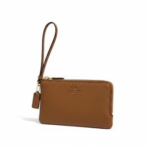 Coach F66505 Pebble Leather Double Corner Zip Wristlet in Tan